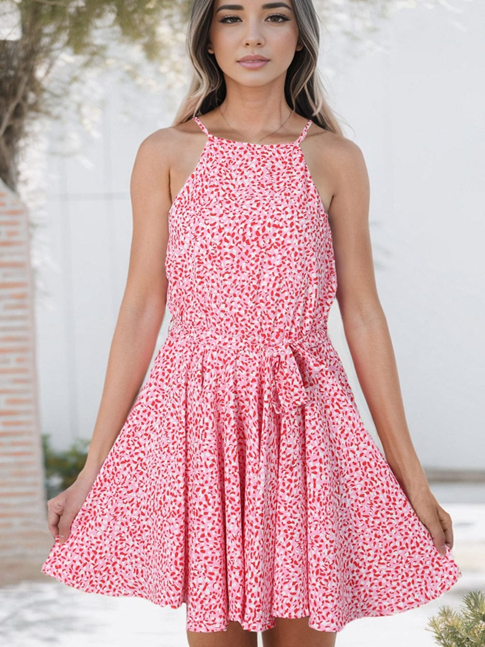 Pink Leopard Print Sleeveless Mini Dress with Waist Tie - Elegant Summer Shift Dress with High Waist and Spaghetti Straps