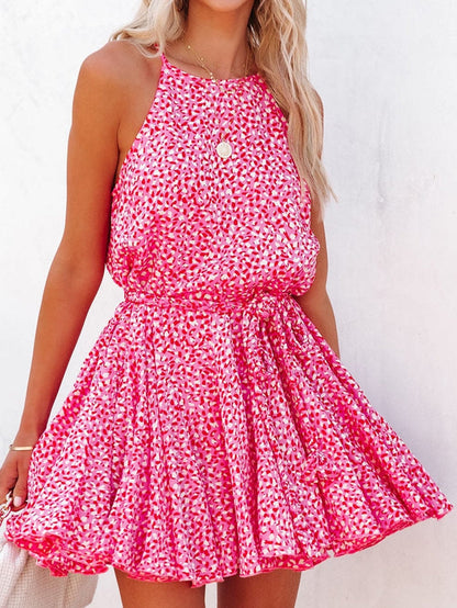 Pink Leopard Print Sleeveless Mini Dress with Waist Tie - Elegant Summer Shift Dress with High Waist and Spaghetti Straps