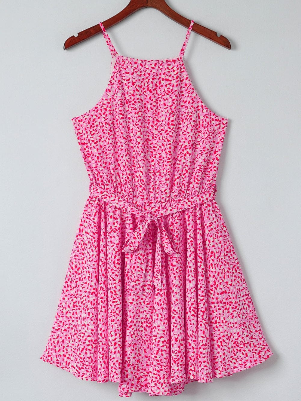 Pink Leopard Print Sleeveless Mini Dress with Waist Tie - Elegant Summer Shift Dress with High Waist and Spaghetti Straps