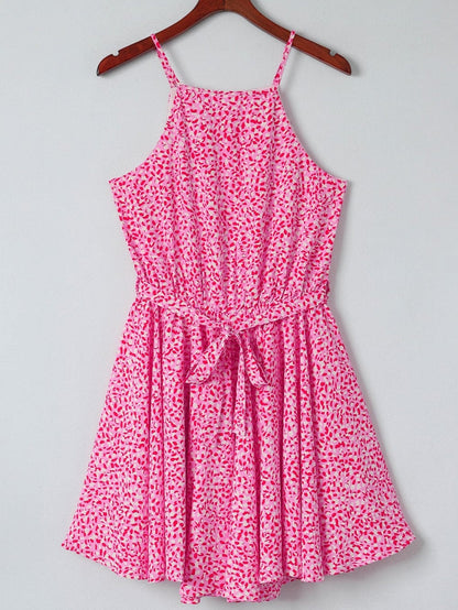 Pink Leopard Print Sleeveless Mini Dress with Waist Tie - Elegant Summer Shift Dress with High Waist and Spaghetti Straps