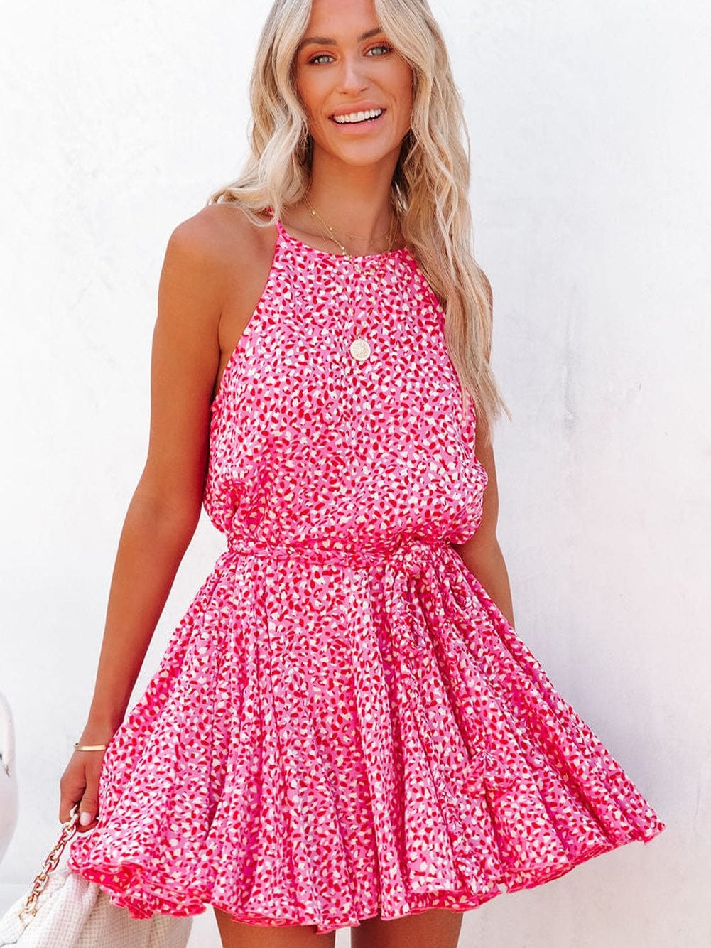 Pink Leopard Print Sleeveless Mini Dress with Waist Tie - Elegant Summer Shift Dress with High Waist and Spaghetti Straps
