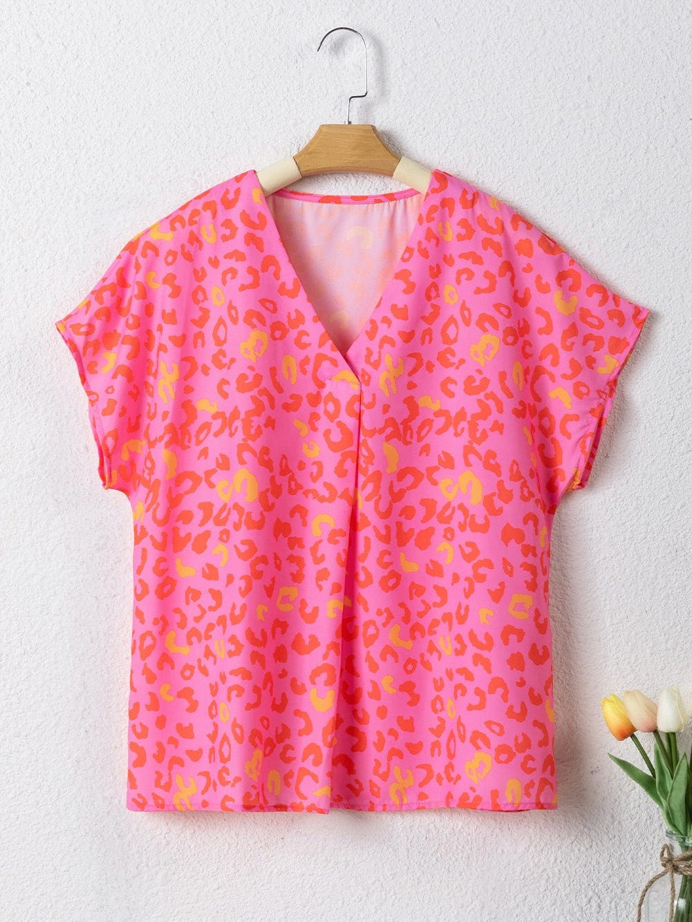 Pink Leopard Print V Neck Short Sleeve Top