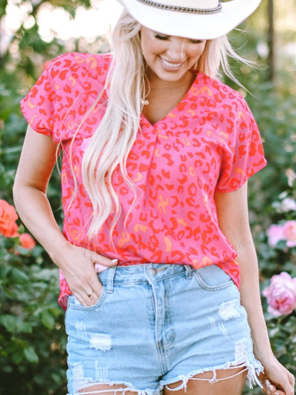 Pink Leopard Print V Neck Short Sleeve Top