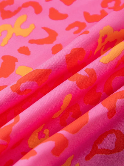 Pink Leopard Print V Neck Short Sleeve Top