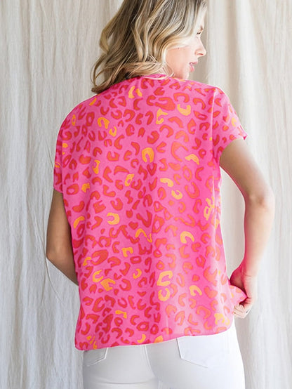 Pink Leopard Print V Neck Short Sleeve Top