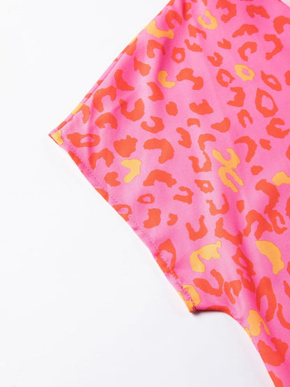 Pink Leopard Print V Neck Short Sleeve Top