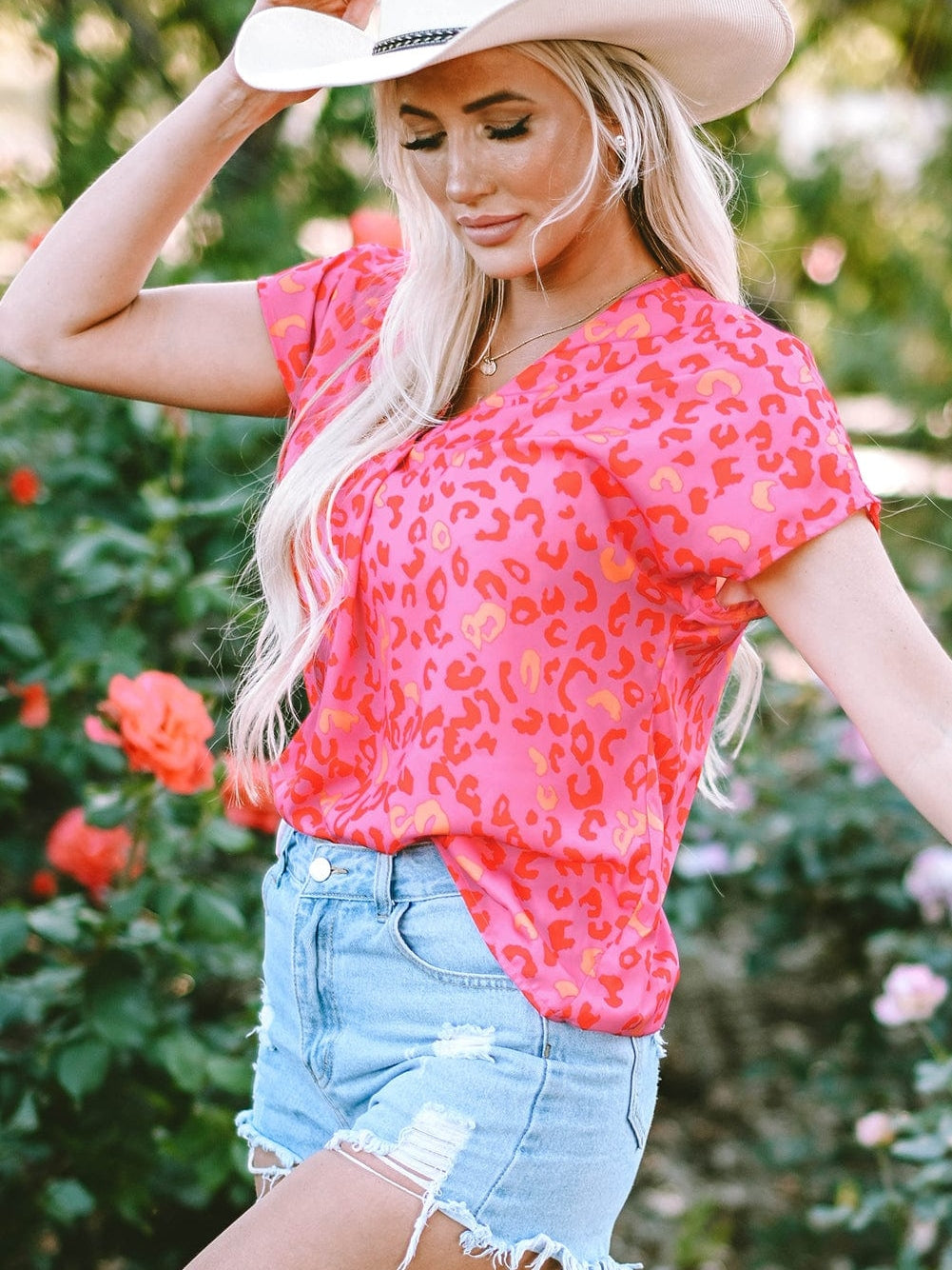 Pink Leopard Print V Neck Short Sleeve Top