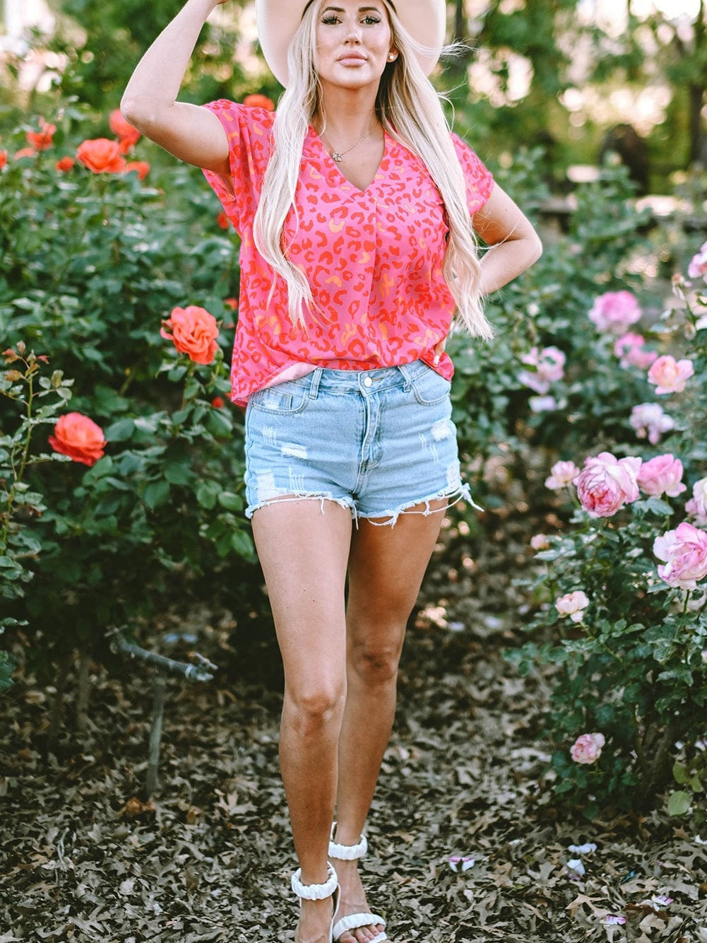 Pink Leopard Print V Neck Short Sleeve Top