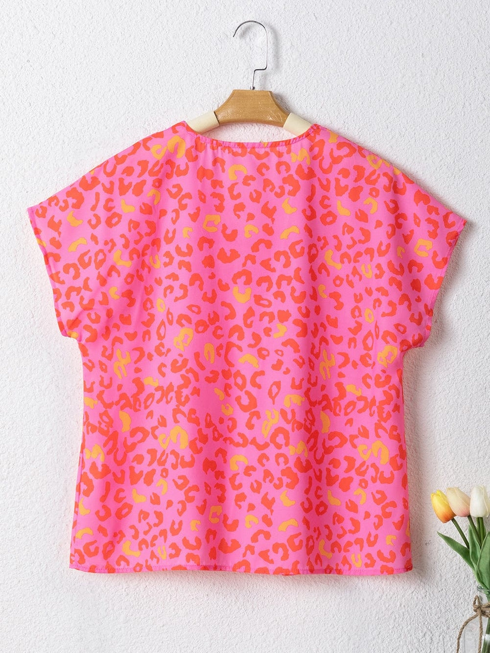 Pink Leopard Print V Neck Short Sleeve Top