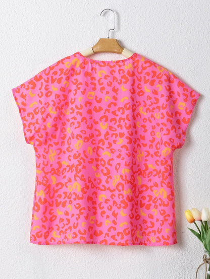 Pink Leopard Print V Neck Short Sleeve Top