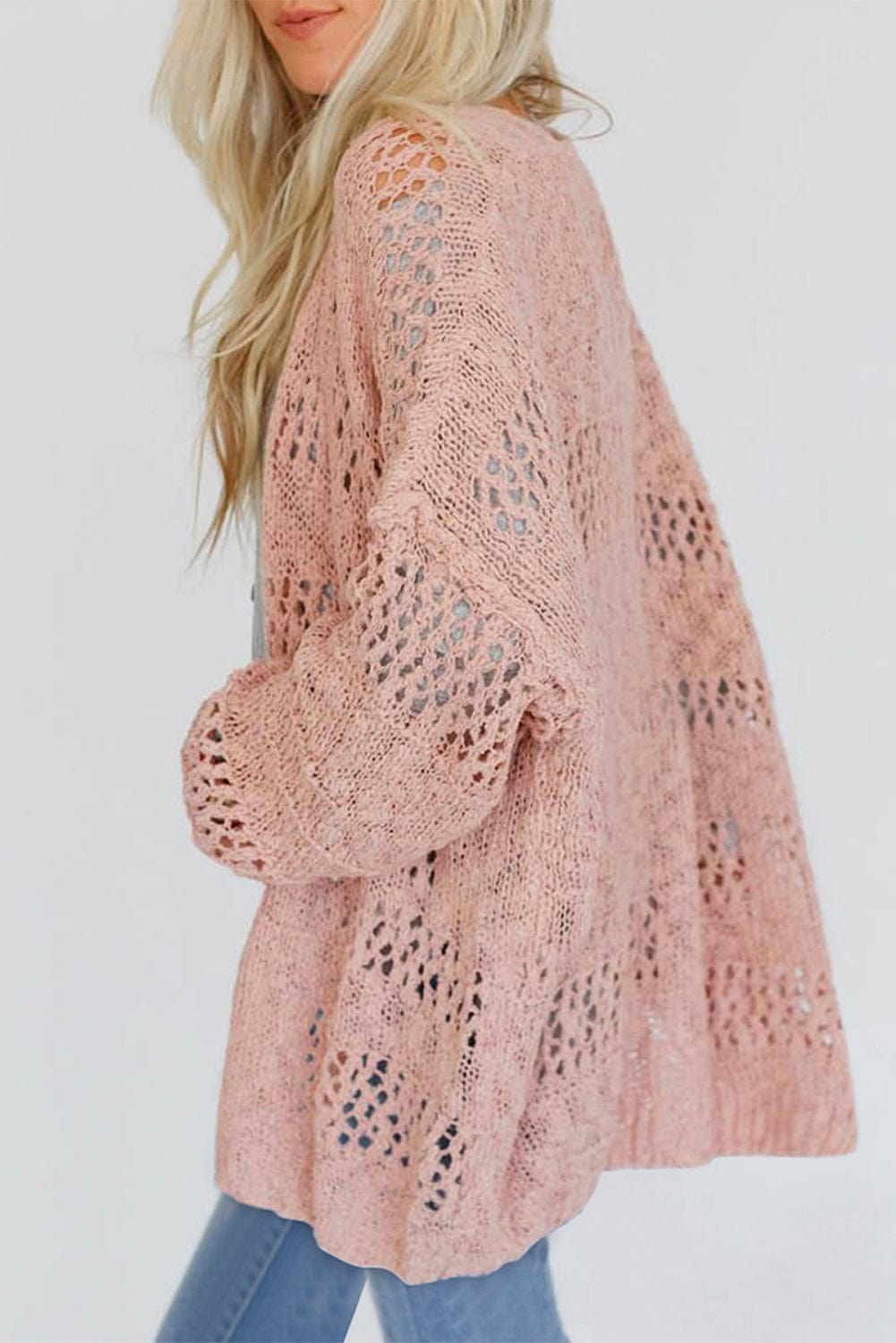 Pink Lightweight Crochet Dolman Sleeve Knit Cardigan