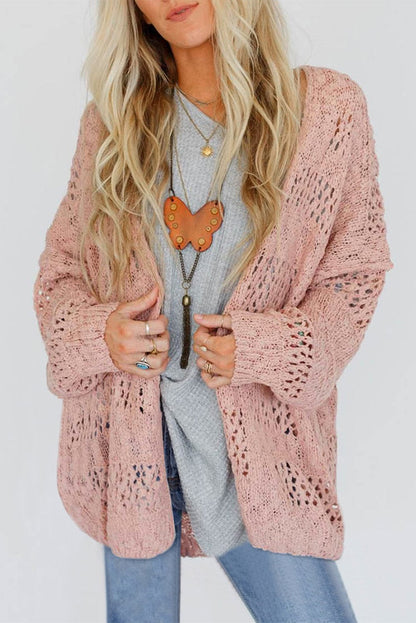Pink Lightweight Crochet Dolman Sleeve Knit Cardigan