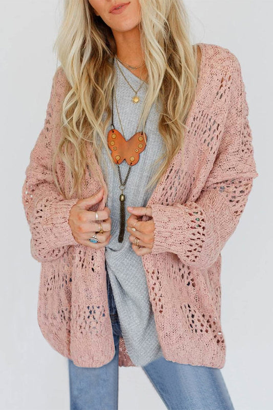 Pink Lightweight Crochet Dolman Sleeve Knit Cardigan