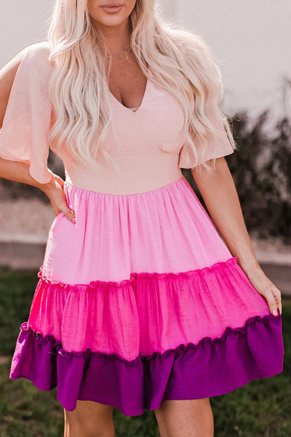 Pink Ombre Colorblock Tiered Mini Dress with Flirty V-Neck
