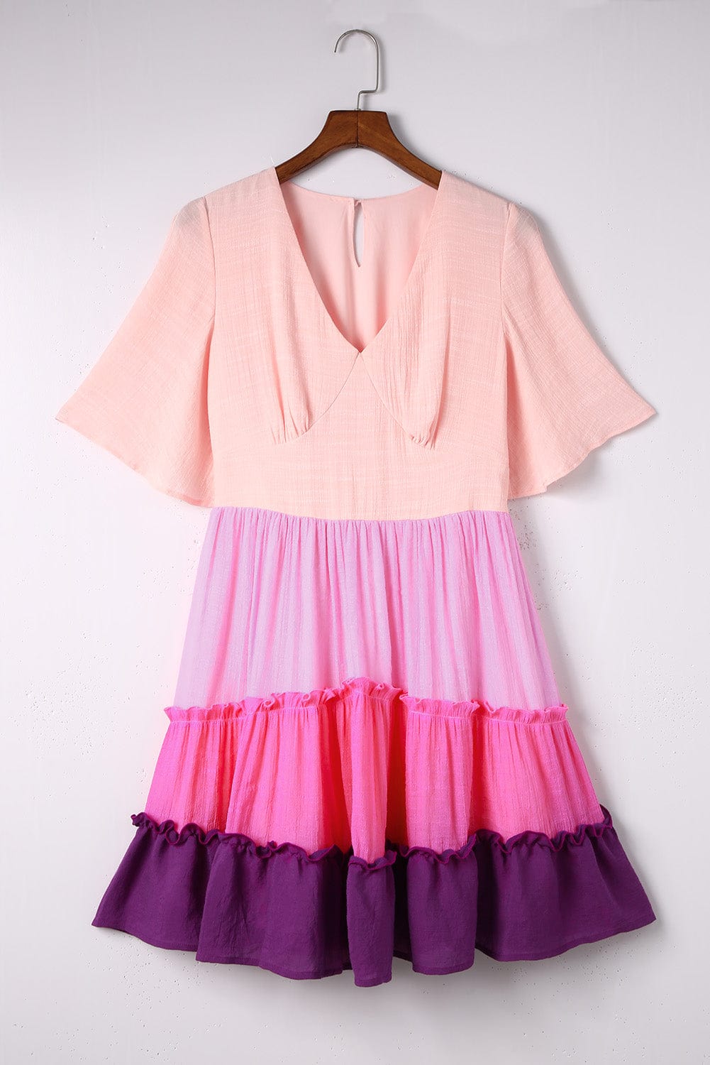 Pink Ombre Colorblock Tiered Mini Dress with Flirty V-Neck