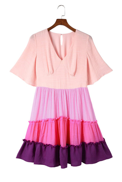 Pink Ombre Colorblock Tiered Mini Dress with Flirty V-Neck