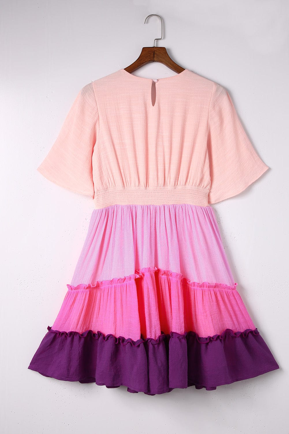 Pink Ombre Colorblock Tiered Mini Dress with Flirty V-Neck