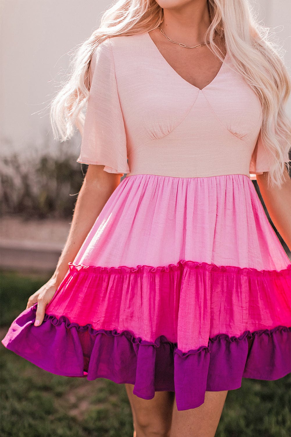 Pink Ombre Colorblock Tiered Mini Dress with Flirty V-Neck