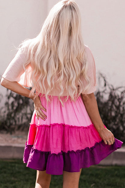 Pink Ombre Colorblock Tiered Mini Dress with Flirty V-Neck