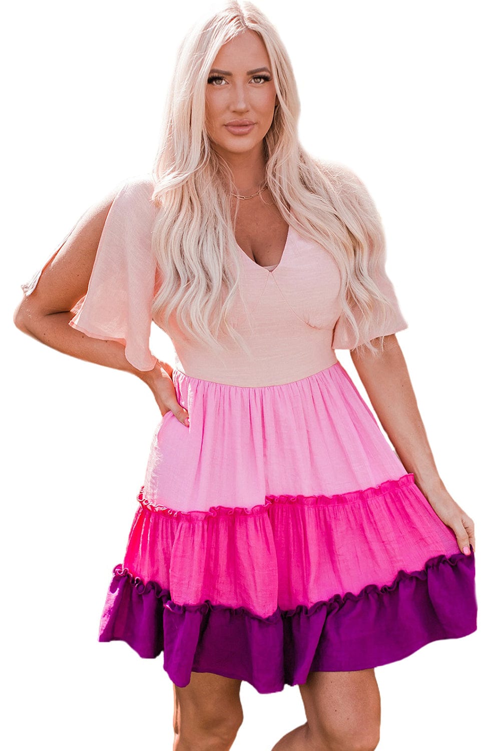 Pink Ombre Colorblock Tiered Mini Dress with Flirty V-Neck