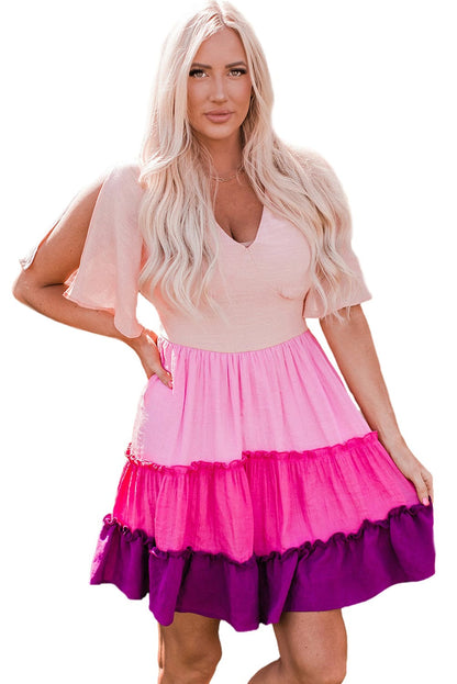 Pink Ombre Colorblock Tiered Mini Dress with Flirty V-Neck