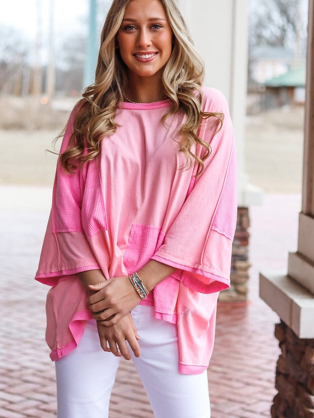 Pink Patchwork Colorblock Loose Top with 3/4 Sleeves