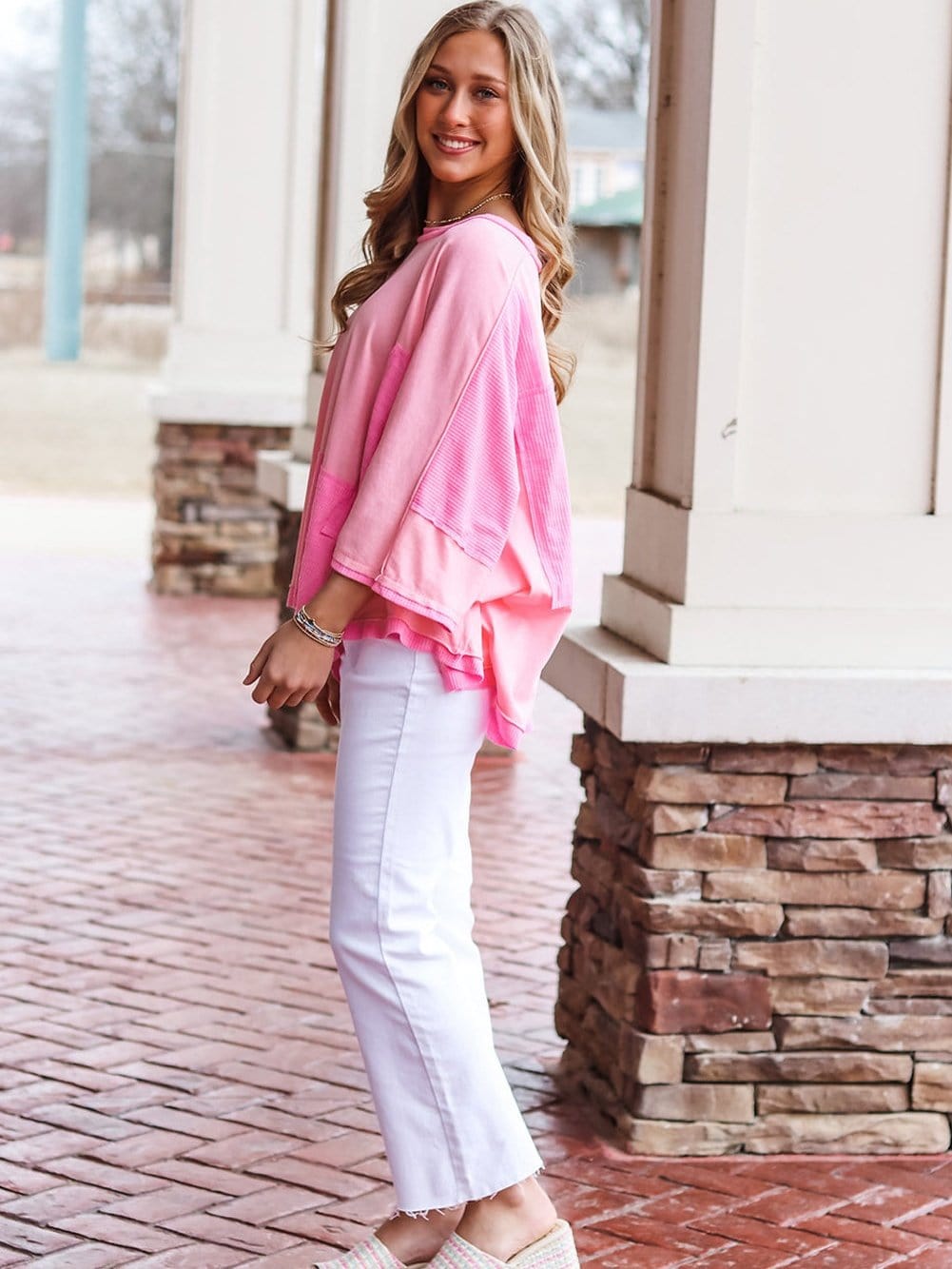 Pink Patchwork Colorblock Loose Top with 3/4 Sleeves