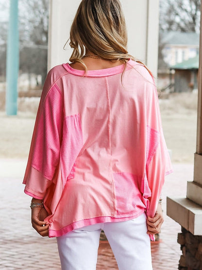 Pink Patchwork Colorblock Loose Top with 3/4 Sleeves