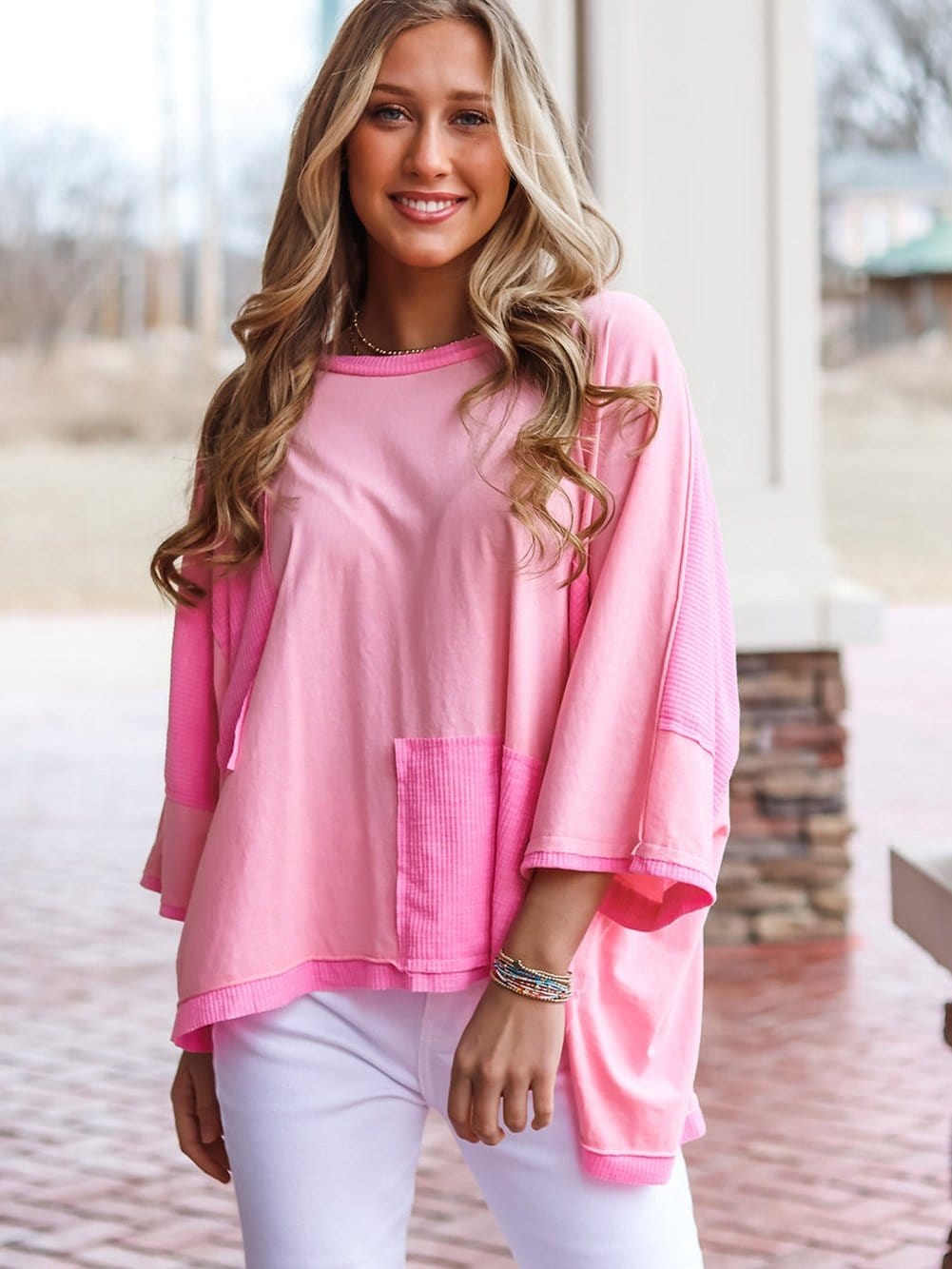 Pink Patchwork Colorblock Loose Top with 3/4 Sleeves