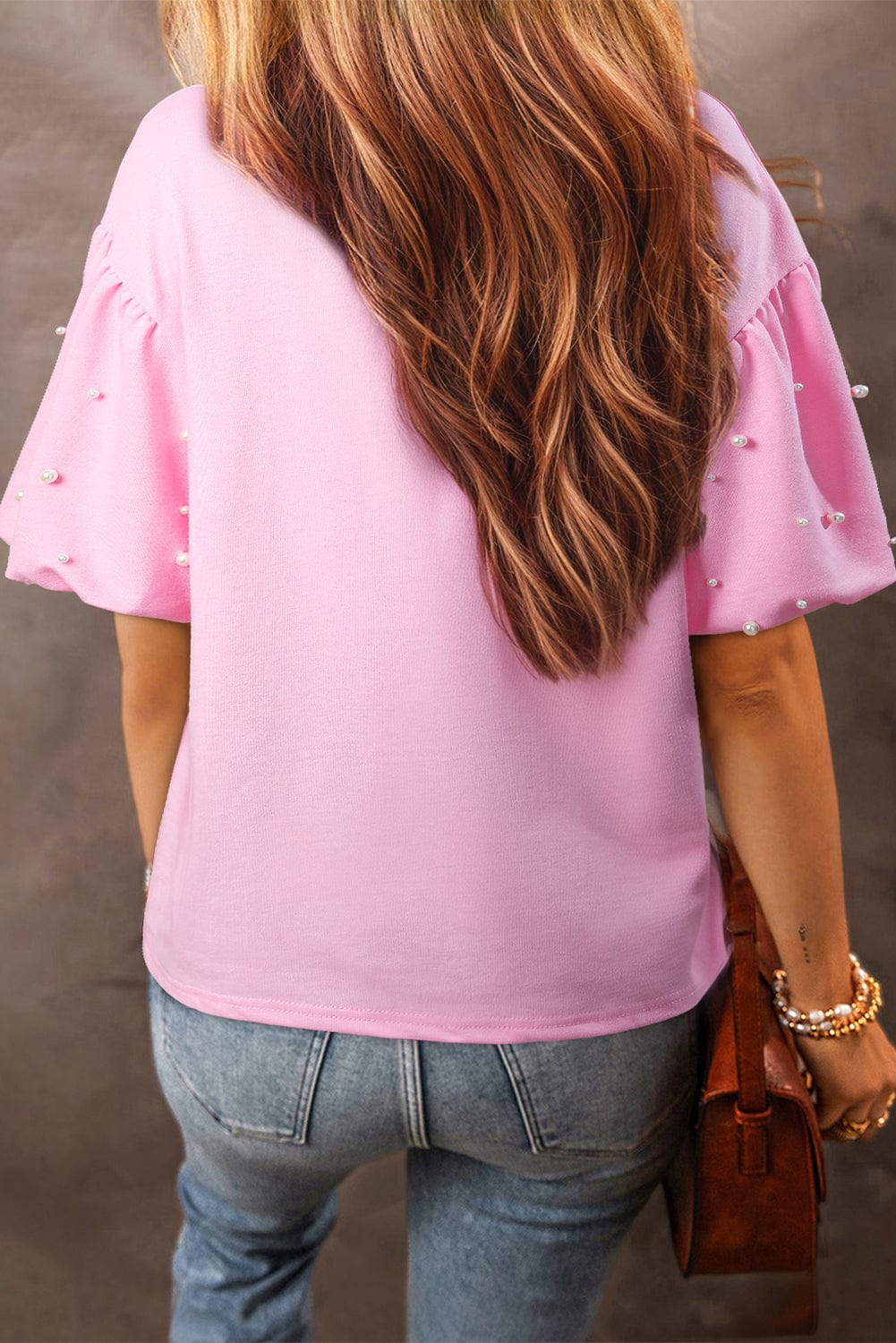 Pink Pearl Embellished Puff Sleeve Shirt with Collar