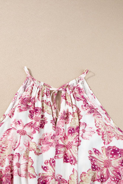 Pink Pitaya Floral Halterneck Peplum Top with Hollowed Out Design