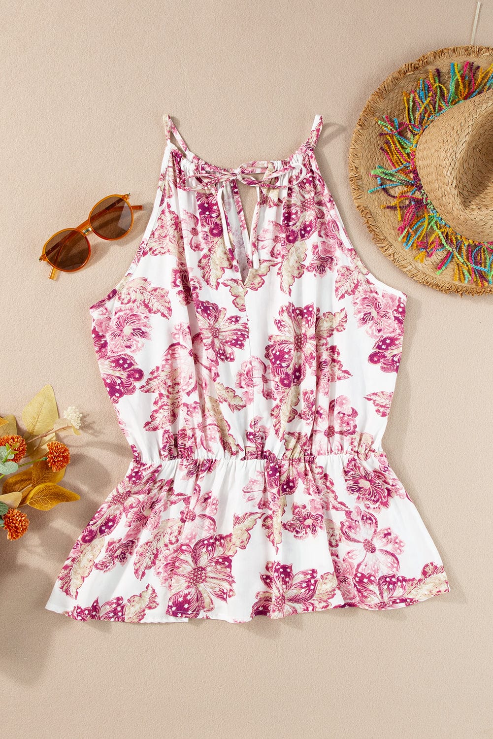 Pink Pitaya Floral Halterneck Peplum Top with Hollowed Out Design