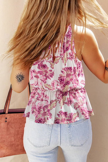 Pink Pitaya Floral Halterneck Peplum Top with Hollowed Out Design