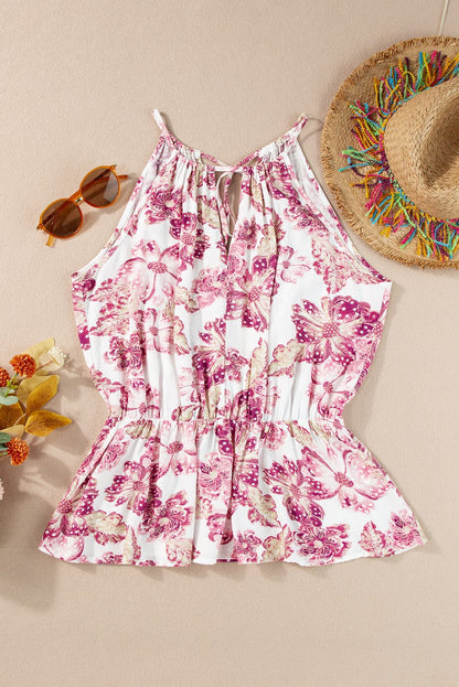 Pink Pitaya Floral Halterneck Peplum Top with Hollowed Out Design