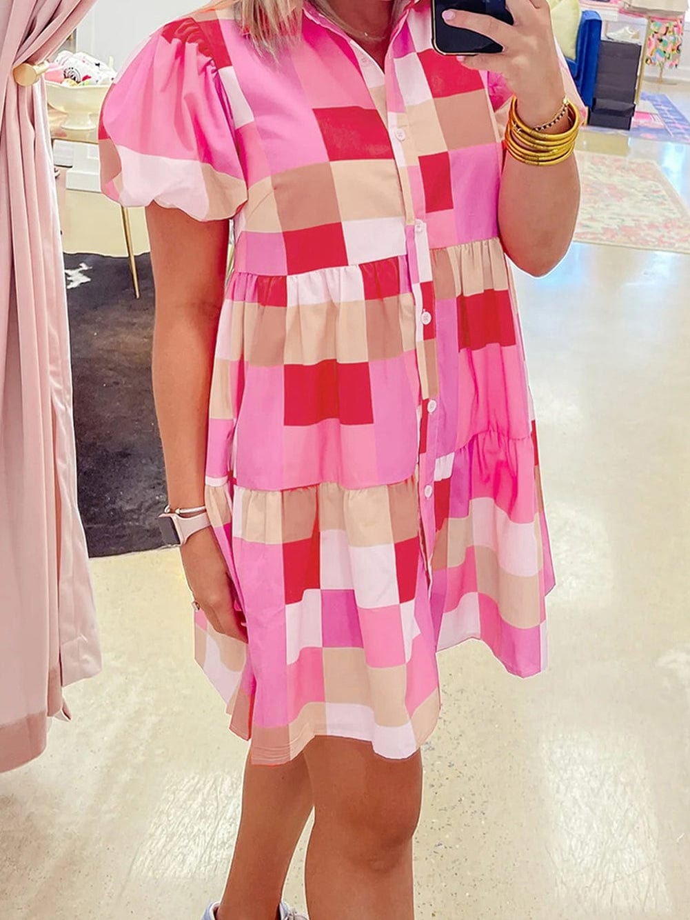 Pink Plaid Button-Up Tiered Mini Dress with Puff Sleeves