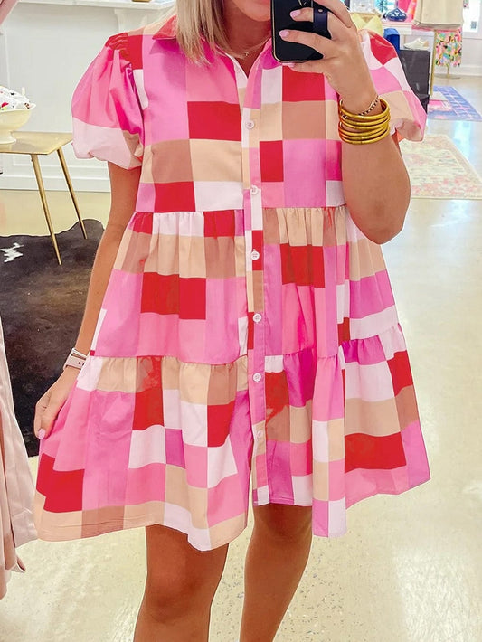 Pink Plaid Button-Up Tiered Mini Dress with Puff Sleeves