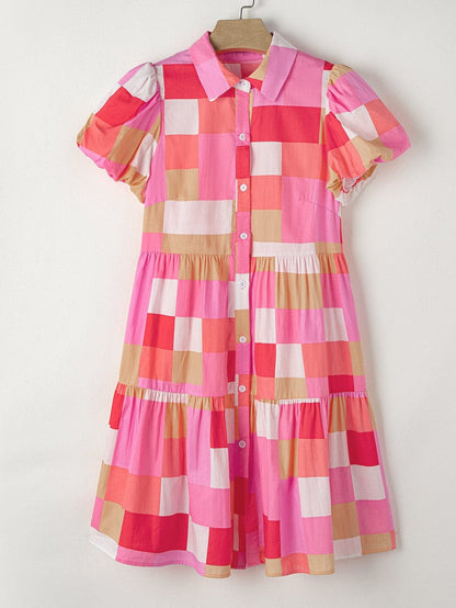 Pink Plaid Button-Up Tiered Mini Dress with Puff Sleeves