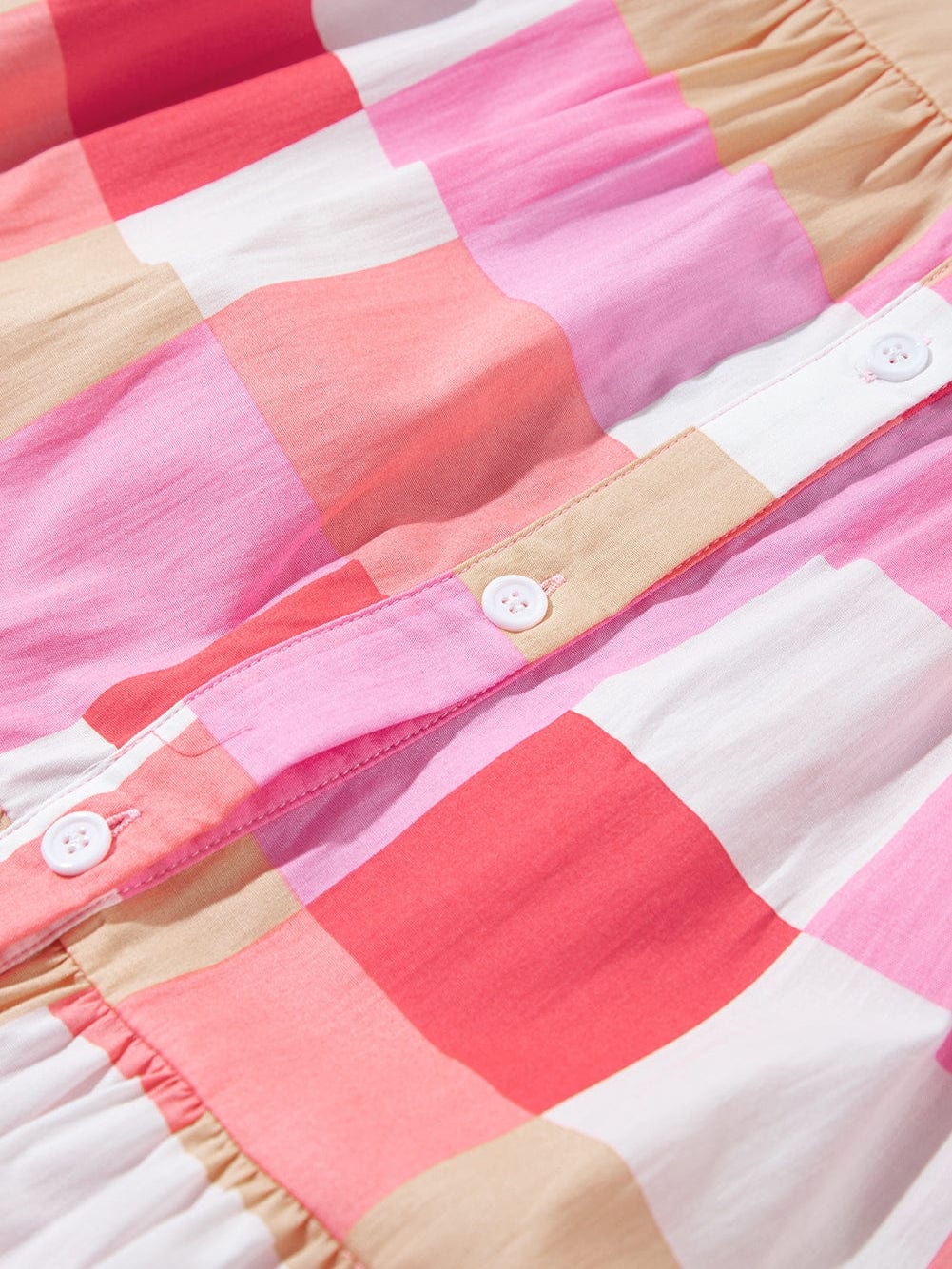 Pink Plaid Button-Up Tiered Mini Dress with Puff Sleeves