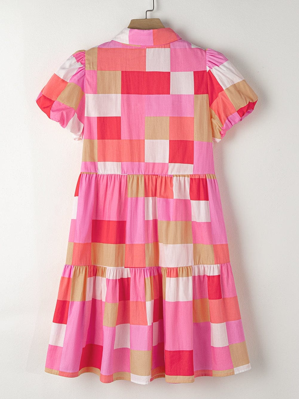 Pink Plaid Button-Up Tiered Mini Dress with Puff Sleeves