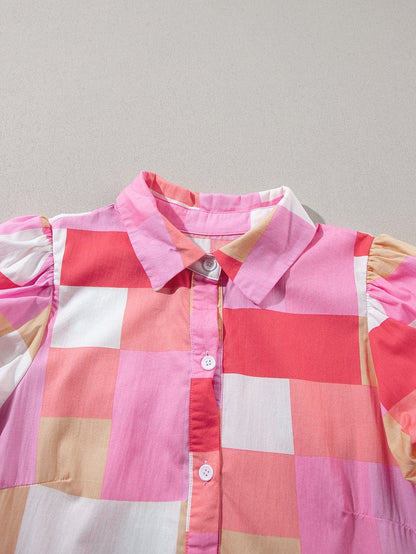 Pink Plaid Button-Up Tiered Mini Dress with Puff Sleeves