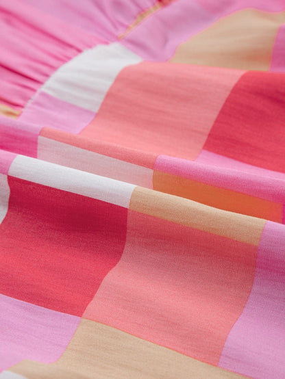 Pink Plaid Button-Up Tiered Mini Dress with Puff Sleeves