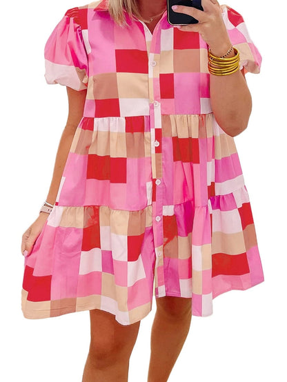 Pink Plaid Button-Up Tiered Mini Dress with Puff Sleeves