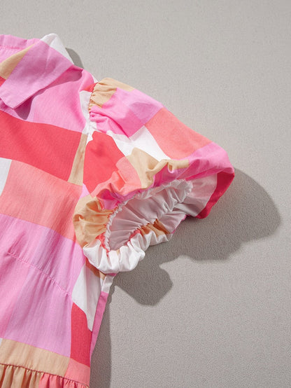 Pink Plaid Button-Up Tiered Mini Dress with Puff Sleeves