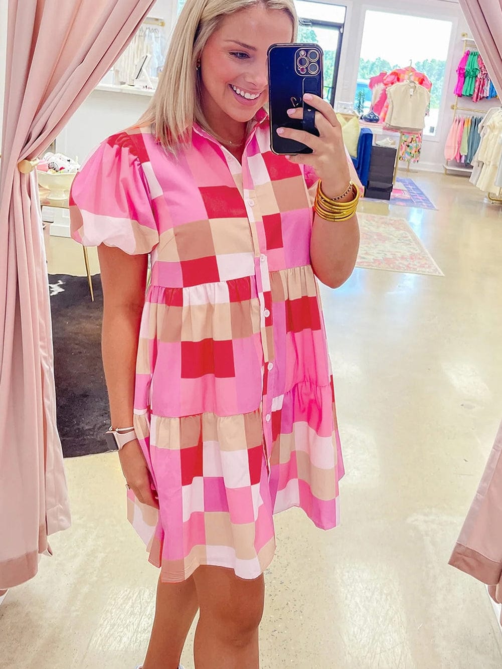 Pink Plaid Button-Up Tiered Mini Dress with Puff Sleeves