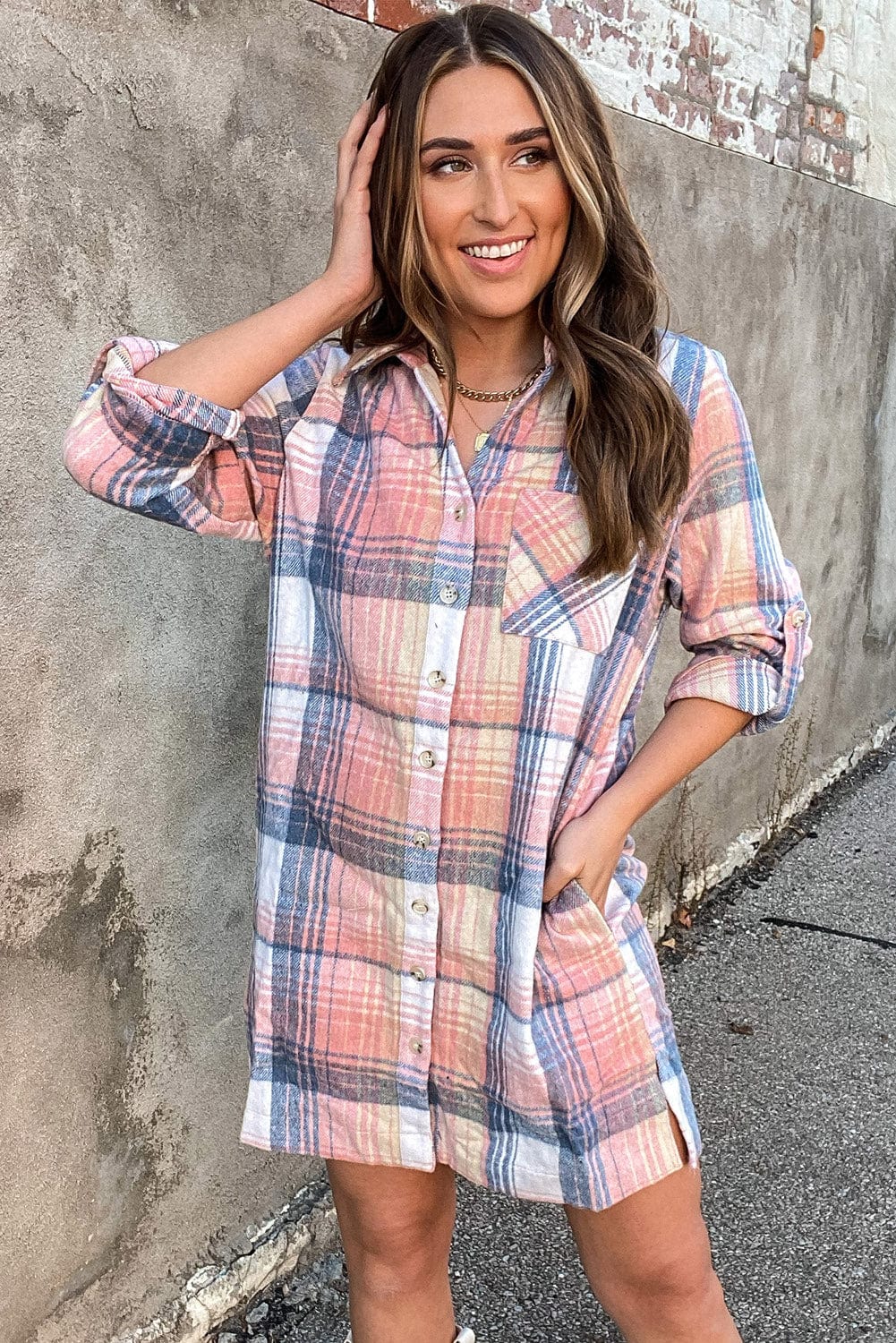 Pink Plaid Roll-tab Sleeve Dress with Side Slits