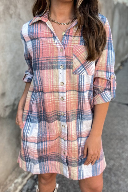Pink Plaid Roll-tab Sleeve Dress with Side Slits