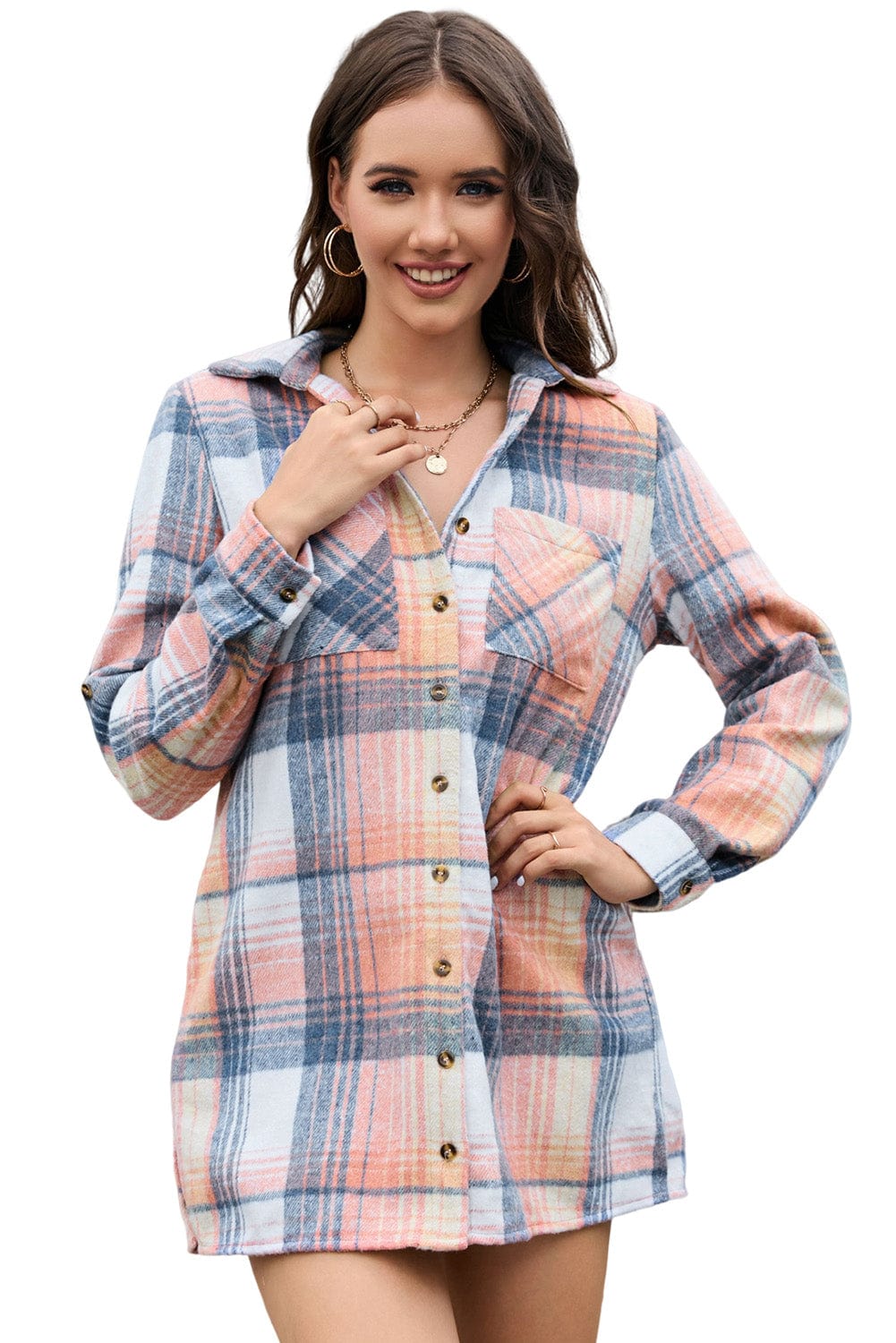 Pink Plaid Roll-tab Sleeve Dress with Side Slits