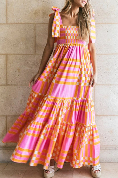 Pink Plaid Smocked Maxi Dress with Bow Detail
