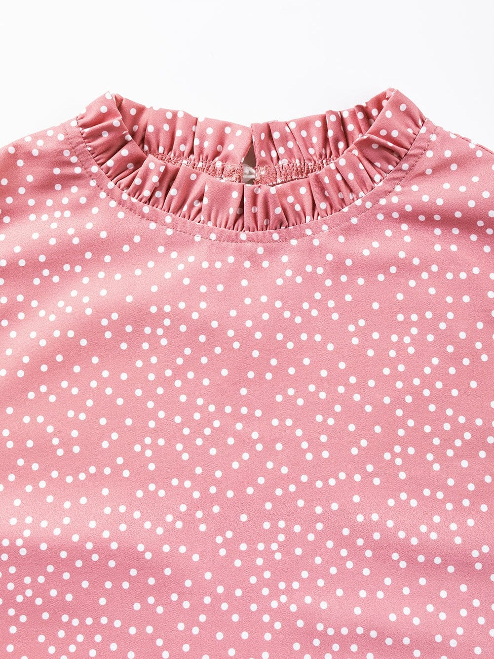 Pink Polka Dot Flutter Sleeve Frilled Neck Elegant Blouse