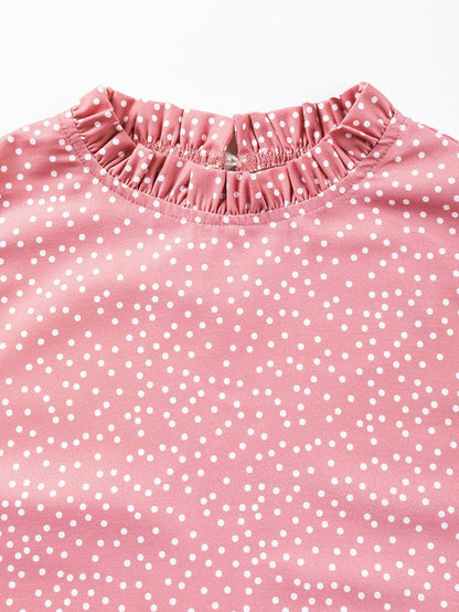 Pink Polka Dot Flutter Sleeve Frilled Neck Elegant Blouse